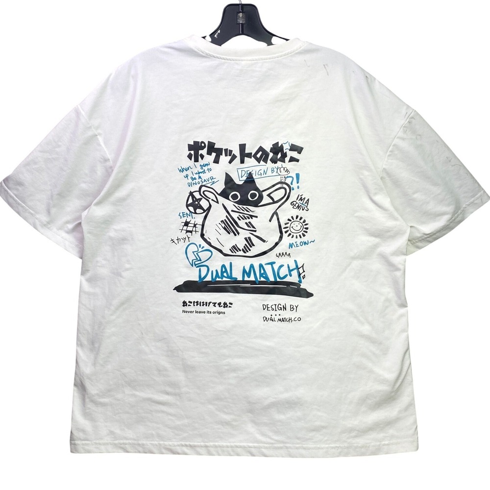 Dual Match Shirt Mens Large White AOP Japan Cat Doodle Graphic Streetwear